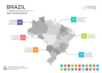 Brazil map infographics with editable separated layers, zones, elements and district area in vector