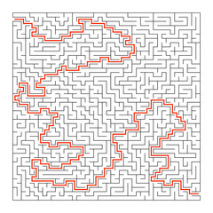 Difficult square maze. Game for kids. Puzzle for children and adult. One entrance, one exit. Labyrinth conundrum. Flat vector illustration isolated on white background. With answer.