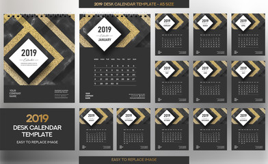Desk Calendar 2019 template - 12 months included - A5 Size