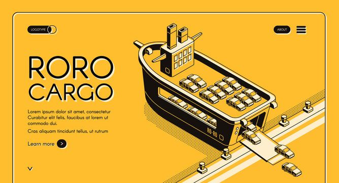 Cargo transport company isometric vector web banner, site design template with cars loading on RORO ship at berth in port line art illustration. Vehicles delivery by vessel online service landing page