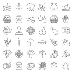 Thanksgiving and autumn related icon set, editable stroke outline on white background