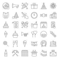 Birthday party, party related icon set, editable stroke outline on white background