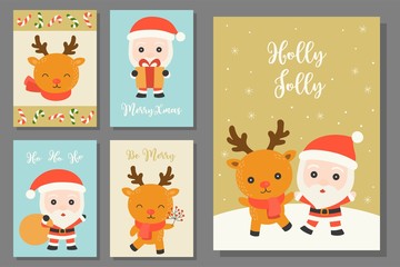 greeting card hand drawn doodle Christmas set with cute character in flat design