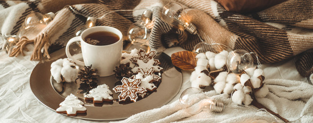 cup with tea or coffee, fir branch, cookies in the shape of snowflakes, cozy knitted blanket, cotton and cozy garland, New Year