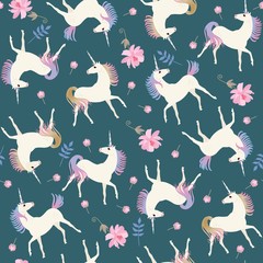 Sweet seamless pattern with cute unicorns and gentle pink flowers on emerald green color background in vector.