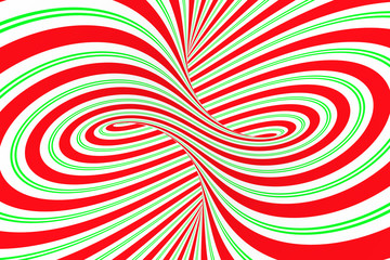 Christmas festive red and green spiral tunnel. Striped twisted xmas optical illusion. Hypnotic background. 3D render illustration.