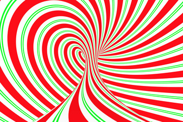 Christmas festive red and green spiral tunnel. Striped twisted xmas optical illusion. Hypnotic background. 3D render illustration.