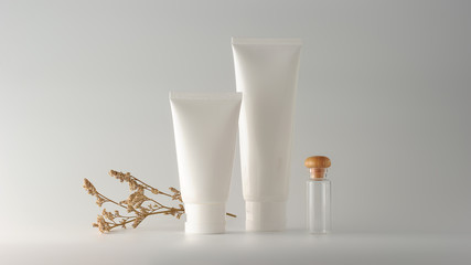 Set of cosmetic products on a color background. Cosmetic package collection for cream, soups, foams, shampoo.Natural beauty blank label for branding mock-up concept.