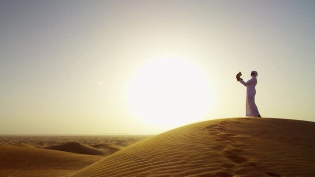 Silhouette of Middle Eastern falconer in desert with his bird of prey at sunrise