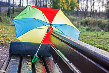 Colored umbrella on a wooden bench