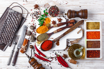Fototapeta na wymiar Spices and condiments for food