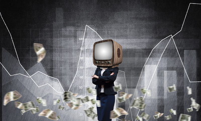 Business woman with old TV instead of head.
