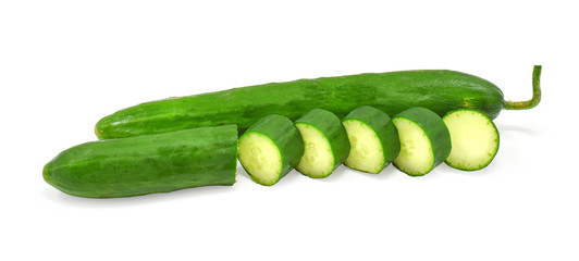 Cucumber and slices on white background