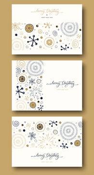 White Merry Christmas and Happy New Year greeting cards with abstract festive pattern.