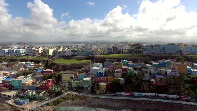 Beautiful aerial pan shot of famous La Perla in Old San Juan, Puerto Rico