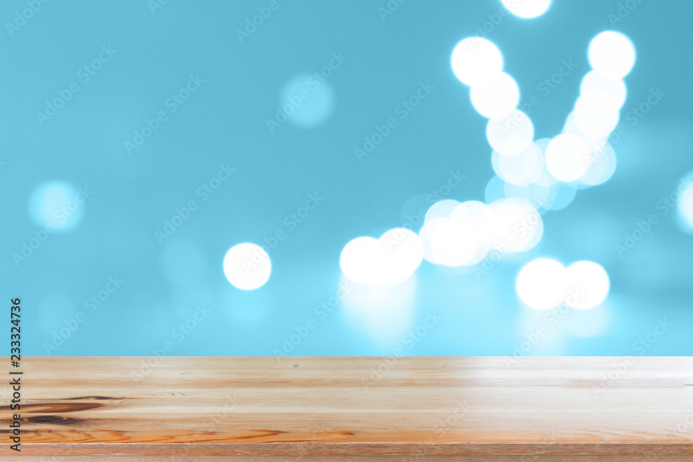 Canvas Prints wooden desk with blue gradient tone abstract background bokeh circles for christmas background