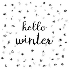Hello Winter. White winter background with snowflakes and text.