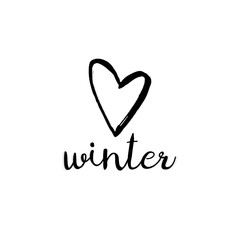 I Love Winter. Black hand drawn heart and text Winter isolated on white background.