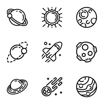 Space planet icon set. Outline set of 9 space planet vector icons for web design isolated on white background