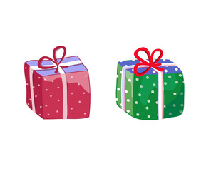 Green and red gift box with a bow icon, special present idea. Flat design vector illustration. Celebration event, surprising gift. Shopping box,