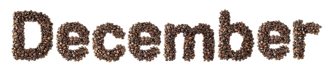 Coffee bean sort alphabetically. The word is December. Which is the month name. For the calendar or postcard New Year. isolated on white background and clipping path.