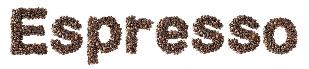 Coffee bean sort alphabetically. The word is espresso. Which is the name of the menu is a drink of coffee. isolated on white background and clipping path.