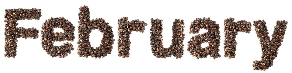 Coffee bean sort alphabetically. The word is February. Which is the month name. For the calendar or postcard New Year. isolated on white background and clipping path.