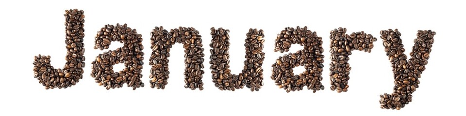 Coffee bean sort alphabetically. The word is January. Which is the month name. For the calendar or postcard New Year. isolated on white background and clipping path.