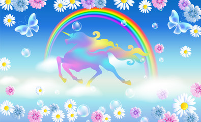 Fototapeta na wymiar Rainbow in the sky and galloping unicorn with luxurious winding mane against the background of the iridescent universe with flowers