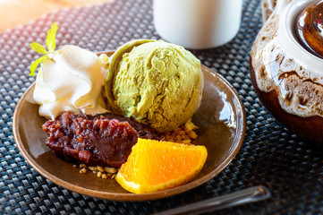 Matcha green tea ice cream with red bean.