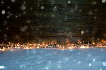 Weihnachten Hintergrund - Rustikal Holzbrett Schnee Lichterkette