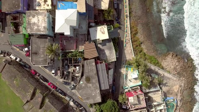 Aerial shot looking right over La Perla in Old San Juan, Puerto Rico