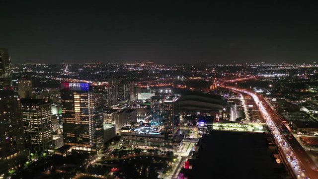 Aerial of Houston Texas and City Lights at Night, 2018