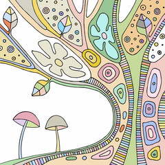 Vector colorful hand drawn illustration of psychedelic abstract tree, flowers, leaves, dots, mushrooms, background Decorative artistic creative picture, line drawing. Picture for coloring