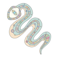 Vector hand drawn colorful illustration of isolated snake with decorative geometrical elements, lines, dots. Picture for coloring. Line drawing. Graphic illustration.