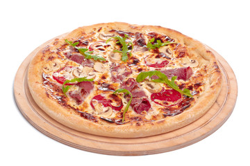 Delicious pizza served on wooden plate isolated on white