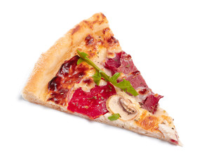 Slice of fresh italian classic original Pizza isolated on white background