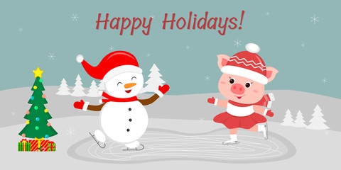 New Year and Christmas card. Cute snowman and a pig skating on ice. In winter, against the backdrop of snowflakes. Cartoon style, vector
