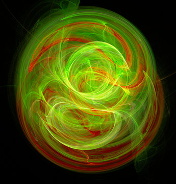 Fractal abstraction. A glowing center around which spirals and waves.