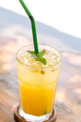 Passion fruit juice with ice in cafe restaurant