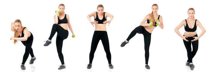 Collection of a beautiful young fitness woman, isolated on white background. Set of happy people doing stretching exercise, full length portrait. 