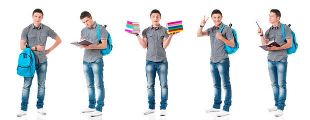 Obraz premium Collage of teen boy with schoolbag and books. Set of full length portrait happy young man student. Teenager back to school, isolated on white background.