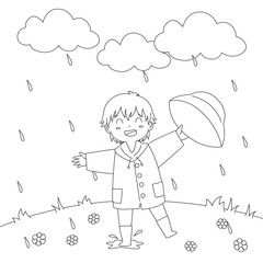 happy little boy playing under the rain, cartoon vector illustration. Coloring page for kids template