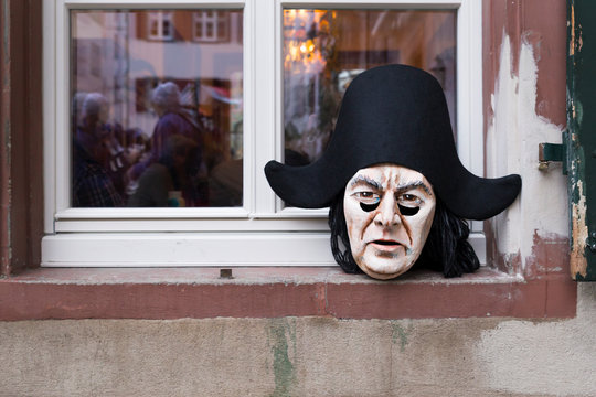 Basel carnival 2018. Andreasplatz, Basel, Switzerland - February 19th, 2018. Close-up of a single handmade beautiful carnival mask laying on a window sill