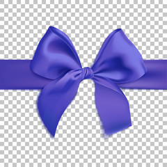 Realistic blue bow isolated on transparent background. Template for brochure or greeting card. Vector illustration.