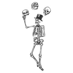Skeleton juggles skulls Death metaphor engraving vector illustration. Scratch board style imitation. Black and white hand drawn image.