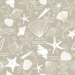 Marine seamless pattern. Vector sea life background with corals, sea star, shells. Hand drawn art illustration