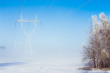 frozen power lines on a frosty misty winter morning