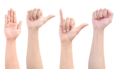 collection male caucasian hands gestures isolated set of multiple images on white background and clipping path.