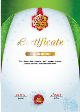 Christmas certificate. Green border and snowflake emblem, Gold portrait of Santa on the red wafer. Bright Xmas background